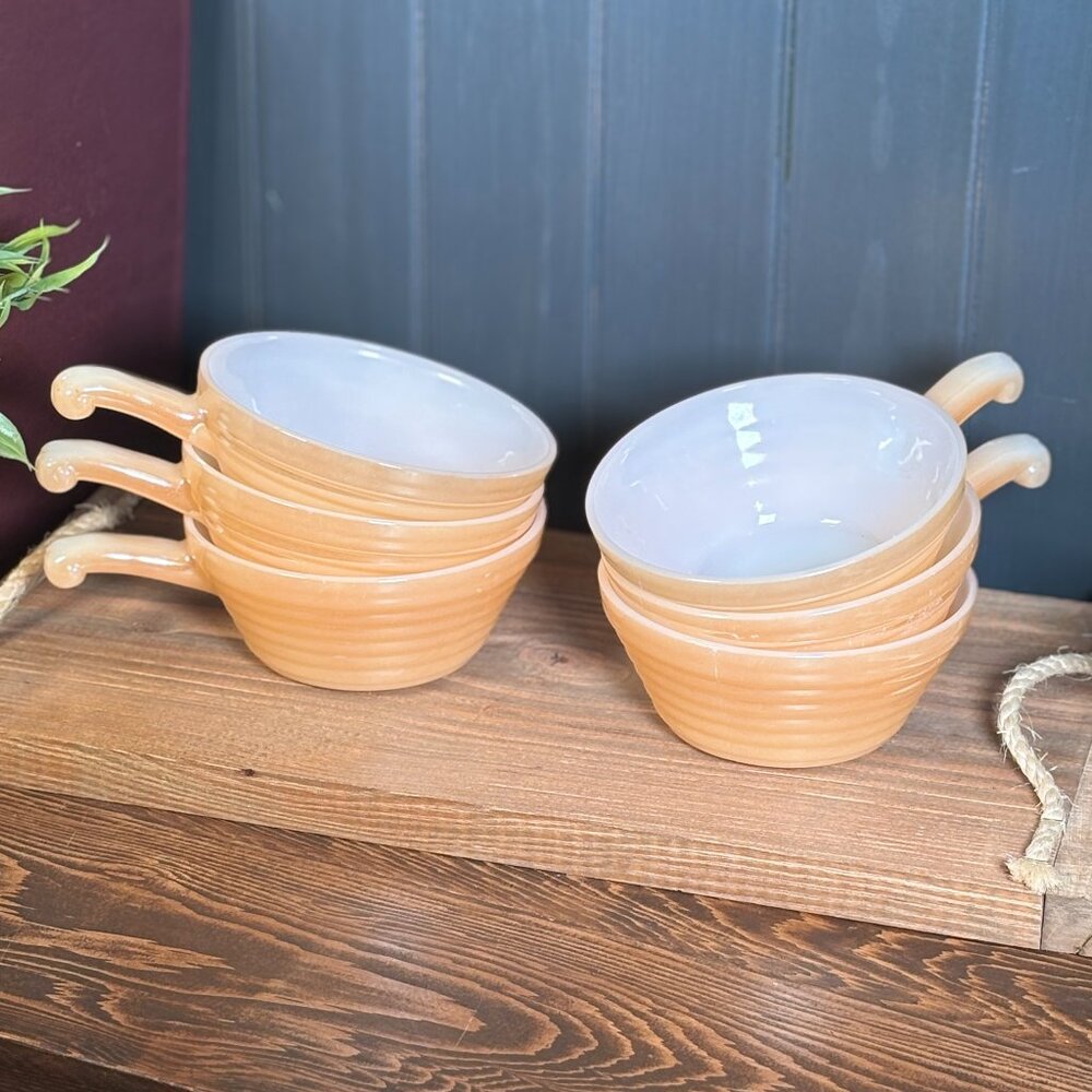 Vintage Anchor Hocking Fire King Peach Lustre Soup Bowls Set of 6 Oven Ware